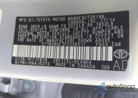 2015 Toyota Corolla Le from USA, damaged, VIN 2T1BURHE3FC296017